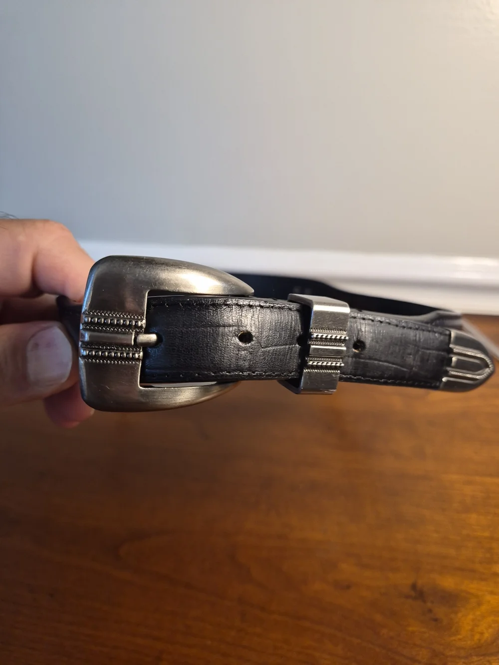 Men's Black BBLPT-CROC.  Leather Belt with  Brushed Silver Buckle